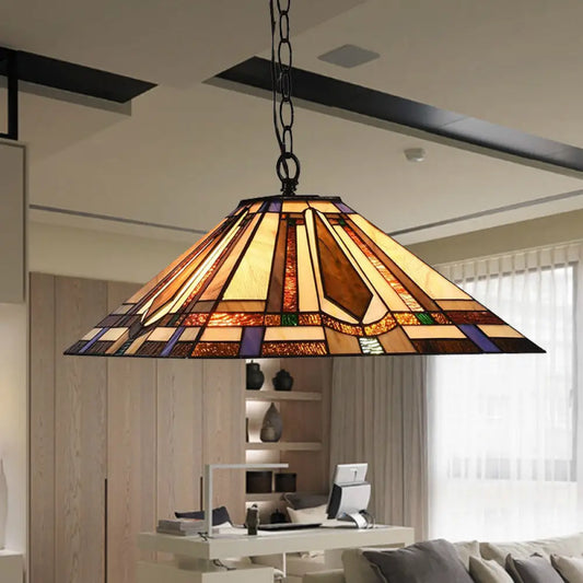 Tiffany Rhombus/Shell Ceiling Lamp - Brown Stained Art Glass Pendant Light for Dining Room