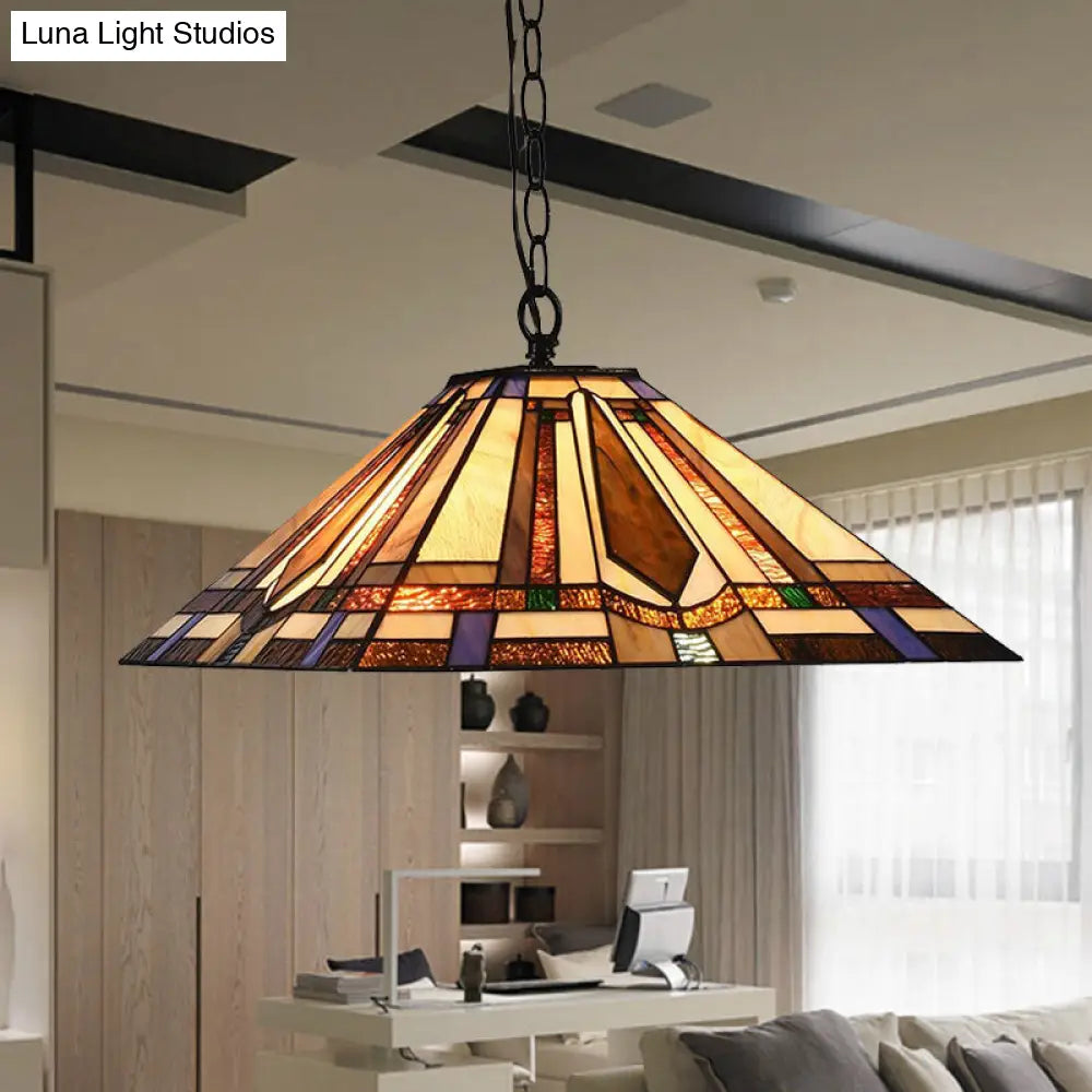 Tiffany Rhombus/Shell Ceiling Lamp - Brown Stained Art Glass Pendant Light for Dining Room