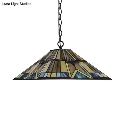 Tiffany Rhombus/Shell Ceiling Lamp - Brown Stained Art Glass Pendant Light for Dining Room