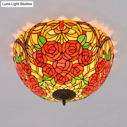 DecorBites™ DecorBites™ Tiffany Rose/Grape Flush Mount Lamp - Bronze Finish, Stained Glass, 5 Bulbs, Close to Ceiling Lighting Fixture
