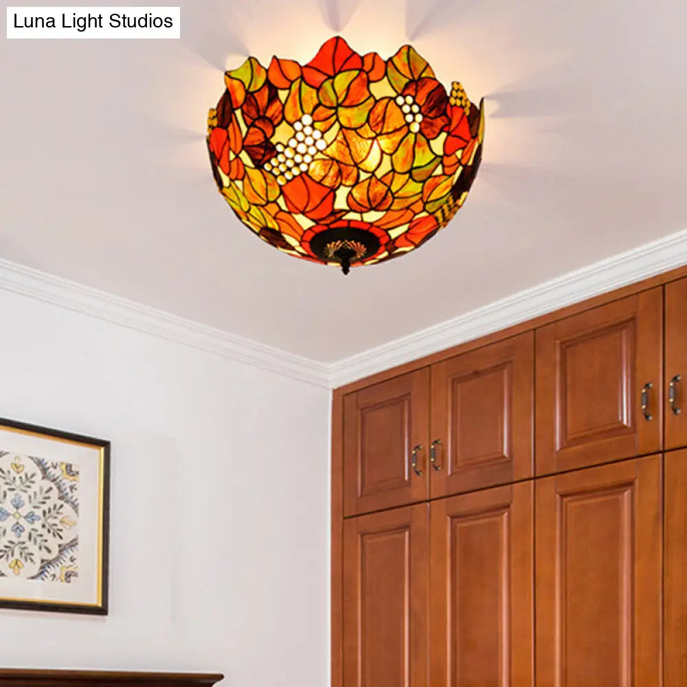 DecorBites™ DecorBites™ Tiffany Rose/Grape Flush Mount Lamp - Bronze Finish, Stained Glass, 5 Bulbs, Close to Ceiling Lighting Fixture