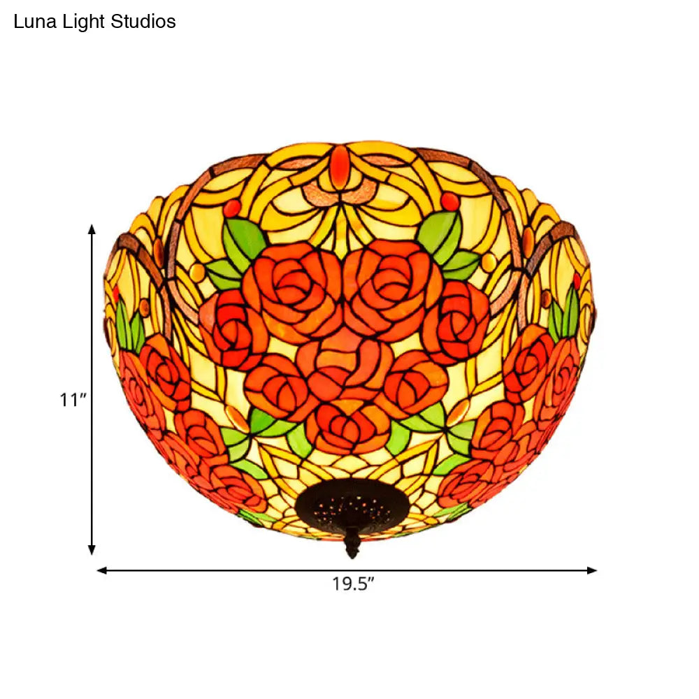 DecorBites™ DecorBites™ Tiffany Rose/Grape Flush Mount Lamp - Bronze Finish, Stained Glass, 5 Bulbs, Close to Ceiling Lighting Fixture