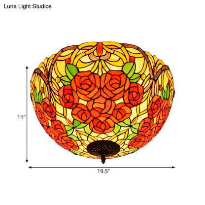DecorBites™ DecorBites™ Tiffany Rose/Grape Flush Mount Lamp - Bronze Finish, Stained Glass, 5 Bulbs, Close to Ceiling Lighting Fixture
