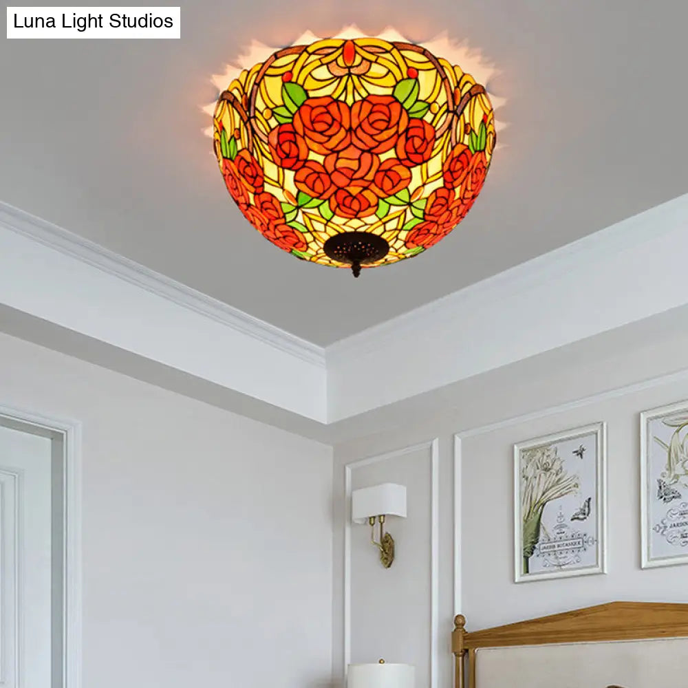 DecorBites™ DecorBites™ Tiffany Rose/Grape Flush Mount Lamp - Bronze Finish, Stained Glass, 5 Bulbs, Close to Ceiling Lighting Fixture