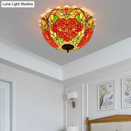 DecorBites™ DecorBites™ Tiffany Rose/Grape Flush Mount Lamp - Bronze Finish, Stained Glass, 5 Bulbs, Close to Ceiling Lighting Fixture