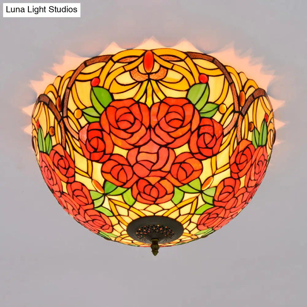 DecorBites™ DecorBites™ Tiffany Rose/Grape Flush Mount Lamp - Bronze Finish, Stained Glass, 5 Bulbs, Close to Ceiling Lighting Fixture