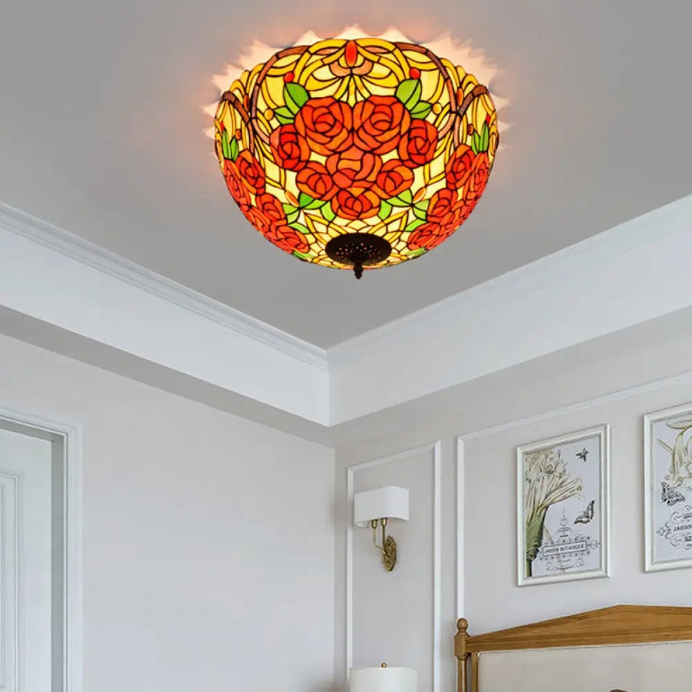DecorBites™ DecorBites™ Tiffany Rose/Grape Flush Mount Lamp - Bronze Finish, Stained Glass, 5 Bulbs, Close to Ceiling Lighting Fixture