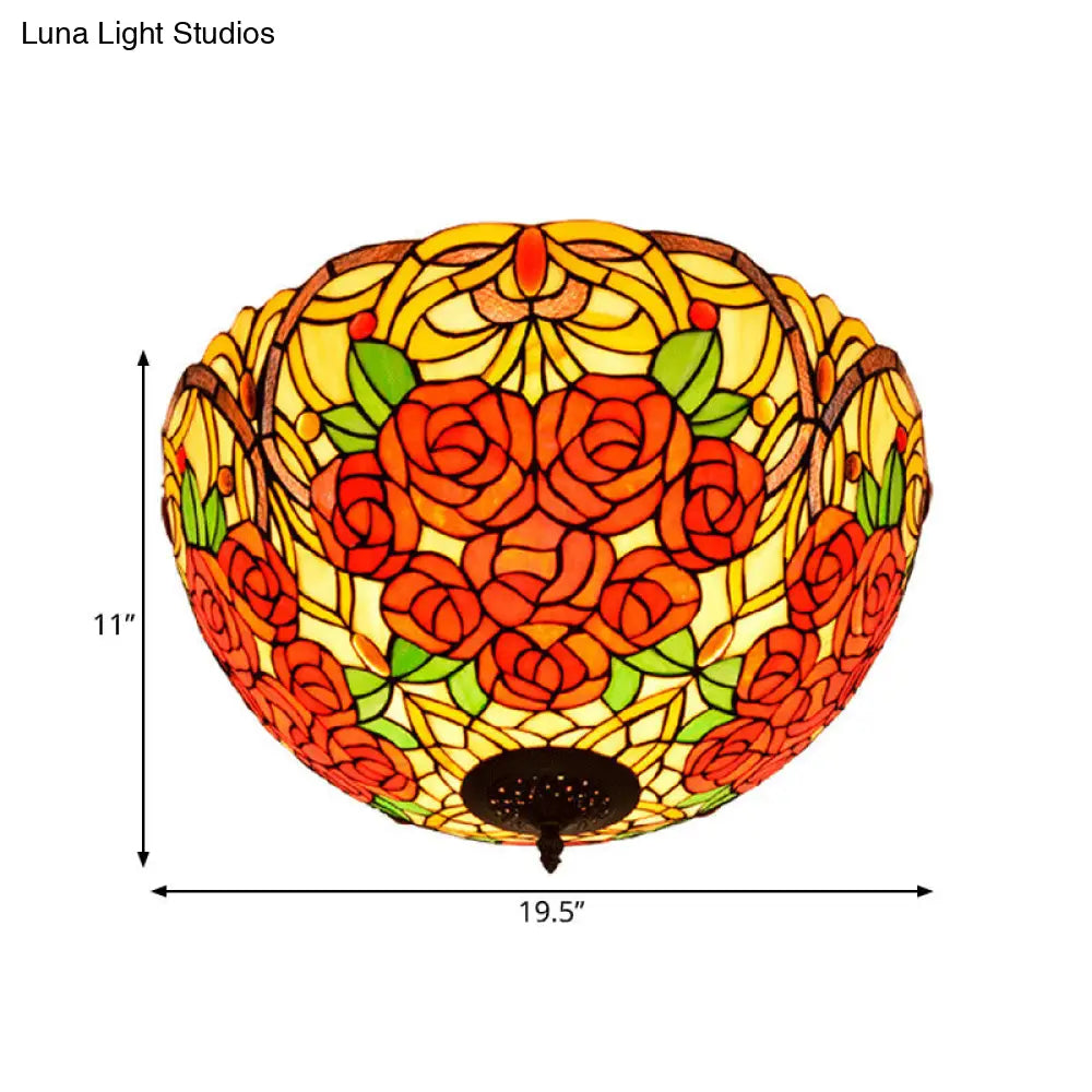 DecorBites™ DecorBites™ Tiffany Rose/Grape Flush Mount Lamp - Bronze Finish, Stained Glass, 5 Bulbs, Close to Ceiling Lighting Fixture