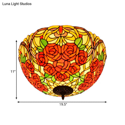 DecorBites™ DecorBites™ Tiffany Rose/Grape Flush Mount Lamp - Bronze Finish, Stained Glass, 5 Bulbs, Close to Ceiling Lighting Fixture