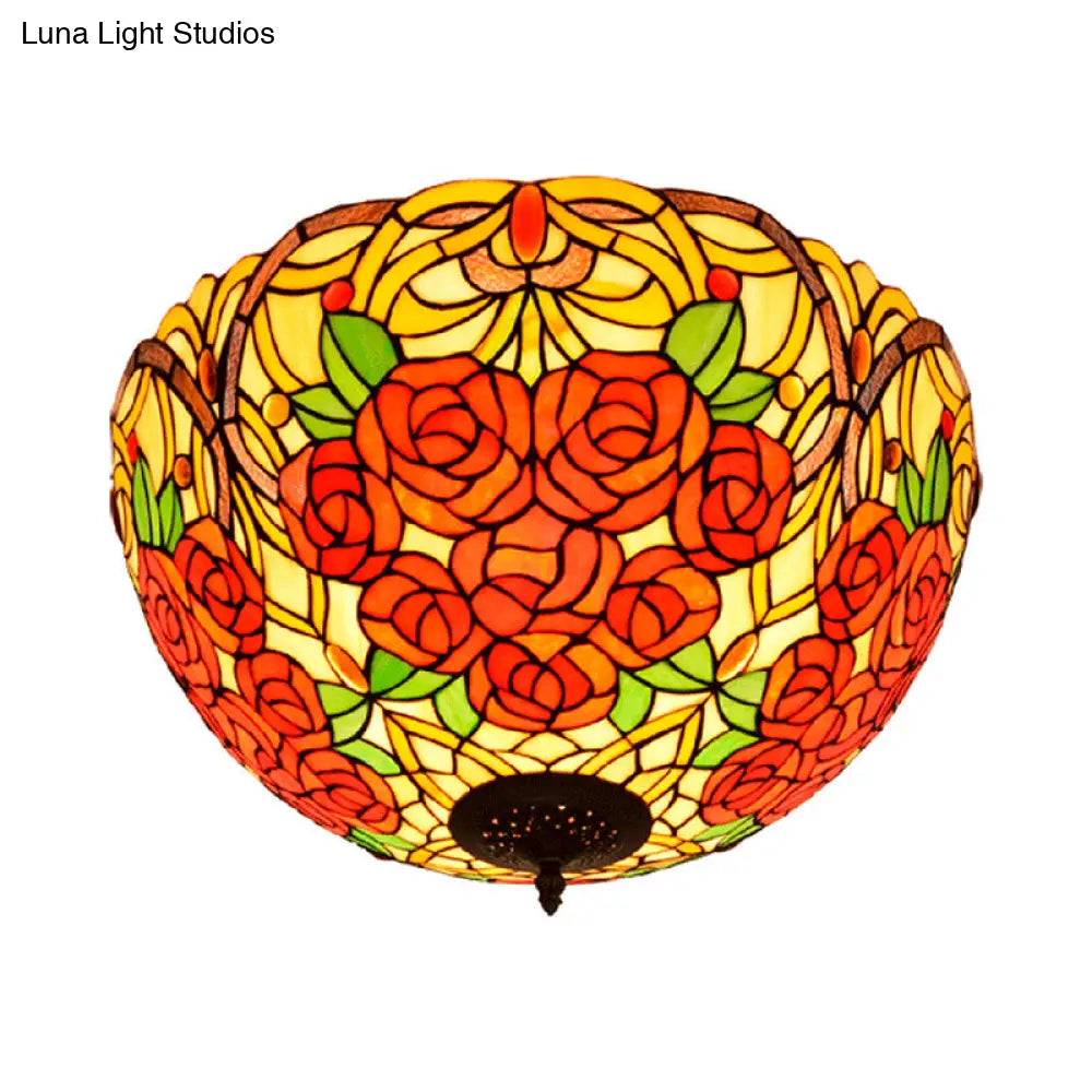 DecorBites™ DecorBites™ Tiffany Rose/Grape Flush Mount Lamp - Bronze Finish, Stained Glass, 5 Bulbs, Close to Ceiling Lighting Fixture