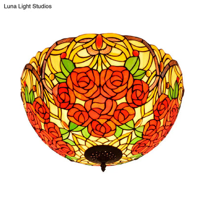 DecorBites™ DecorBites™ Tiffany Rose/Grape Flush Mount Lamp - Bronze Finish, Stained Glass, 5 Bulbs, Close to Ceiling Lighting Fixture