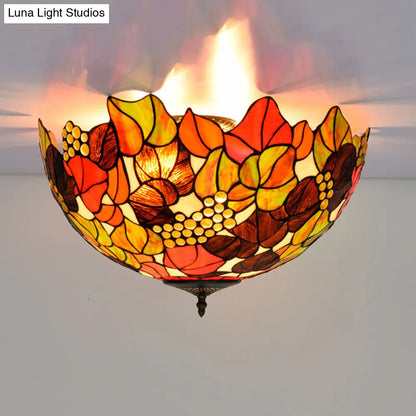 DecorBites™ DecorBites™ Tiffany Rose/Grape Flush Mount Lamp - Bronze Finish, Stained Glass, 5 Bulbs, Close to Ceiling Lighting Fixture