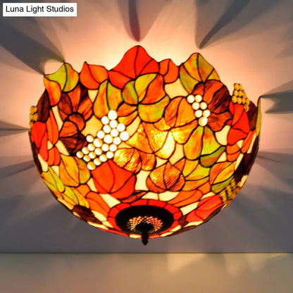 DecorBites™ DecorBites™ Tiffany Rose/Grape Flush Mount Lamp - Bronze Finish, Stained Glass, 5 Bulbs, Close to Ceiling Lighting Fixture