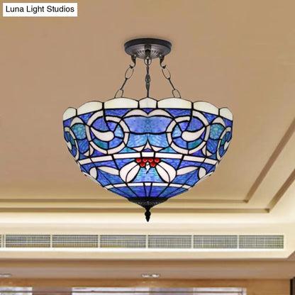 Tiffany Rustic 3-Light Inverted Semi Flushmount Ceiling Light with Stained Glass Bowl Shade