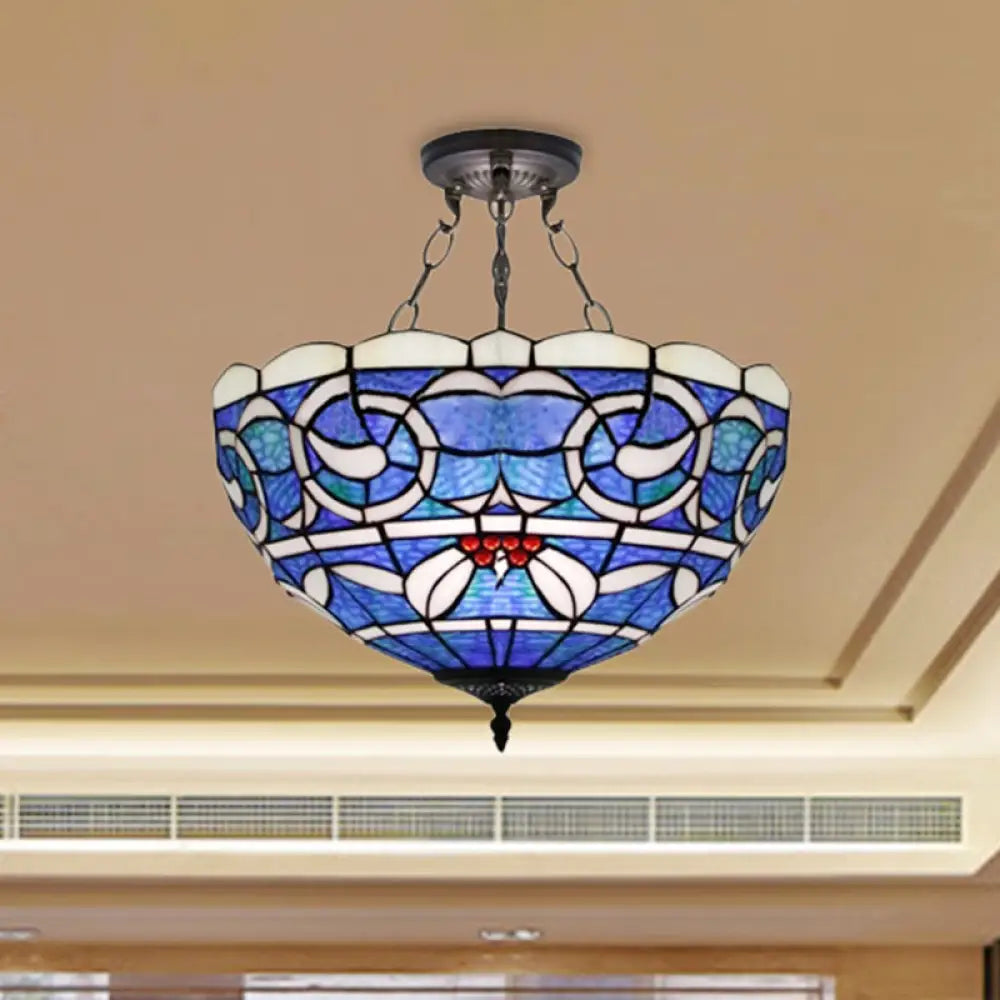 Tiffany Rustic 3-Light Inverted Semi Flushmount Ceiling Light with Stained Glass Bowl Shade