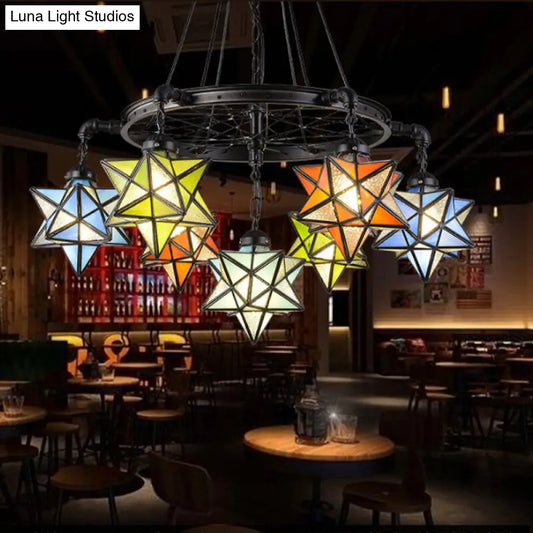 Tiffany Rustic Star Chandelier - Black Wheel 7-Light Stained Glass Drop Ceiling Light for Library