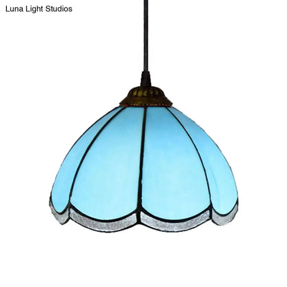 Tiffany Scalloped Down Mini Pendant Ceiling Lamp - Light Blue Glass Suspension for Living Room