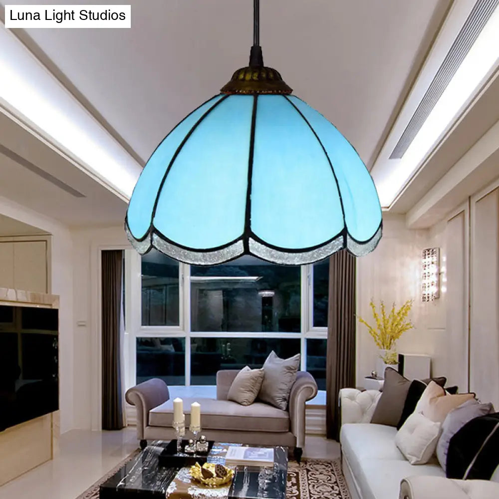 Tiffany Scalloped Down Mini Pendant Ceiling Lamp - Light Blue Glass Suspension for Living Room