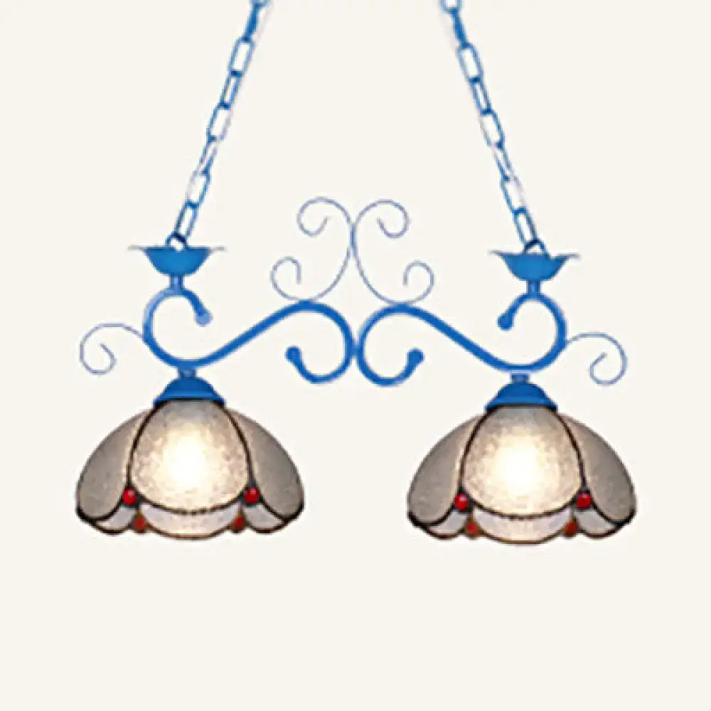 Blue wrought iron scalloped edged island light fixture with two floral stained glass shades and red bead accents 220v-240v