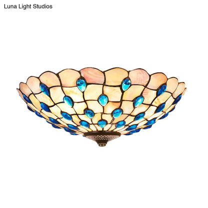 DecorBites™ DecorBites™ Tiffany Shell Blue Flush Ceiling Light, Jeweled Bowl, 3/4 Bulbs, 16"/21" Wide - Stylish Flushmount Lighting