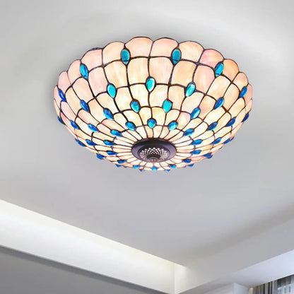DecorBites™ DecorBites™ Tiffany Shell Blue Flush Ceiling Light, Jeweled Bowl, 3/4 Bulbs, 16"/21" Wide - Stylish Flushmount Lighting