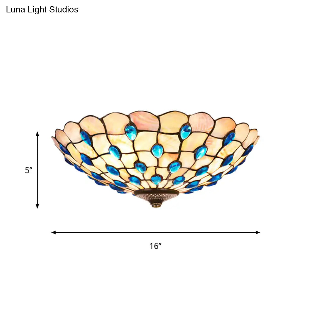 DecorBites™ DecorBites™ Tiffany Shell Blue Flush Ceiling Light, Jeweled Bowl, 3/4 Bulbs, 16"/21" Wide - Stylish Flushmount Lighting