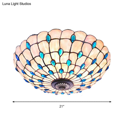DecorBites™ DecorBites™ Tiffany Shell Blue Flush Ceiling Light, Jeweled Bowl, 3/4 Bulbs, 16"/21" Wide - Stylish Flushmount Lighting