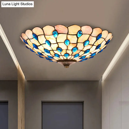 DecorBites™ DecorBites™ Tiffany Shell Blue Flush Ceiling Light, Jeweled Bowl, 3/4 Bulbs, 16"/21" Wide - Stylish Flushmount Lighting