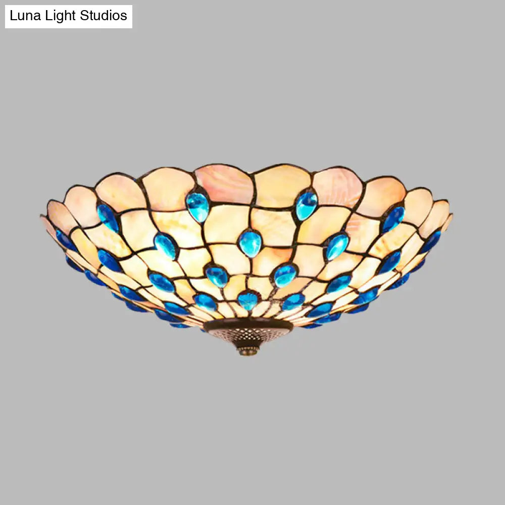 DecorBites™ DecorBites™ Tiffany Shell Blue Flush Ceiling Light, Jeweled Bowl, 3/4 Bulbs, 16"/21" Wide - Stylish Flushmount Lighting