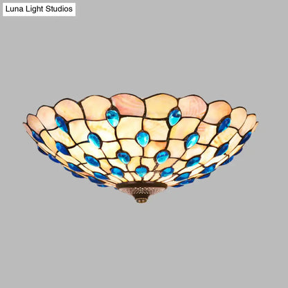 DecorBites™ DecorBites™ Tiffany Shell Blue Flush Ceiling Light, Jeweled Bowl, 3/4 Bulbs, 16"/21" Wide - Stylish Flushmount Lighting