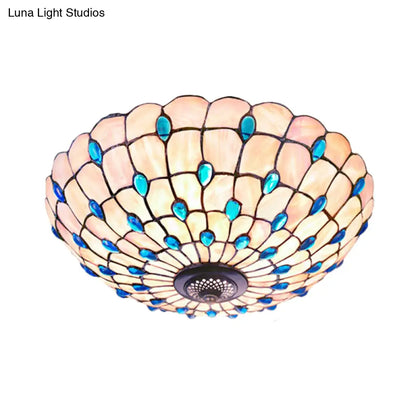 DecorBites™ DecorBites™ Tiffany Shell Blue Flush Ceiling Light, Jeweled Bowl, 3/4 Bulbs, 16"/21" Wide - Stylish Flushmount Lighting