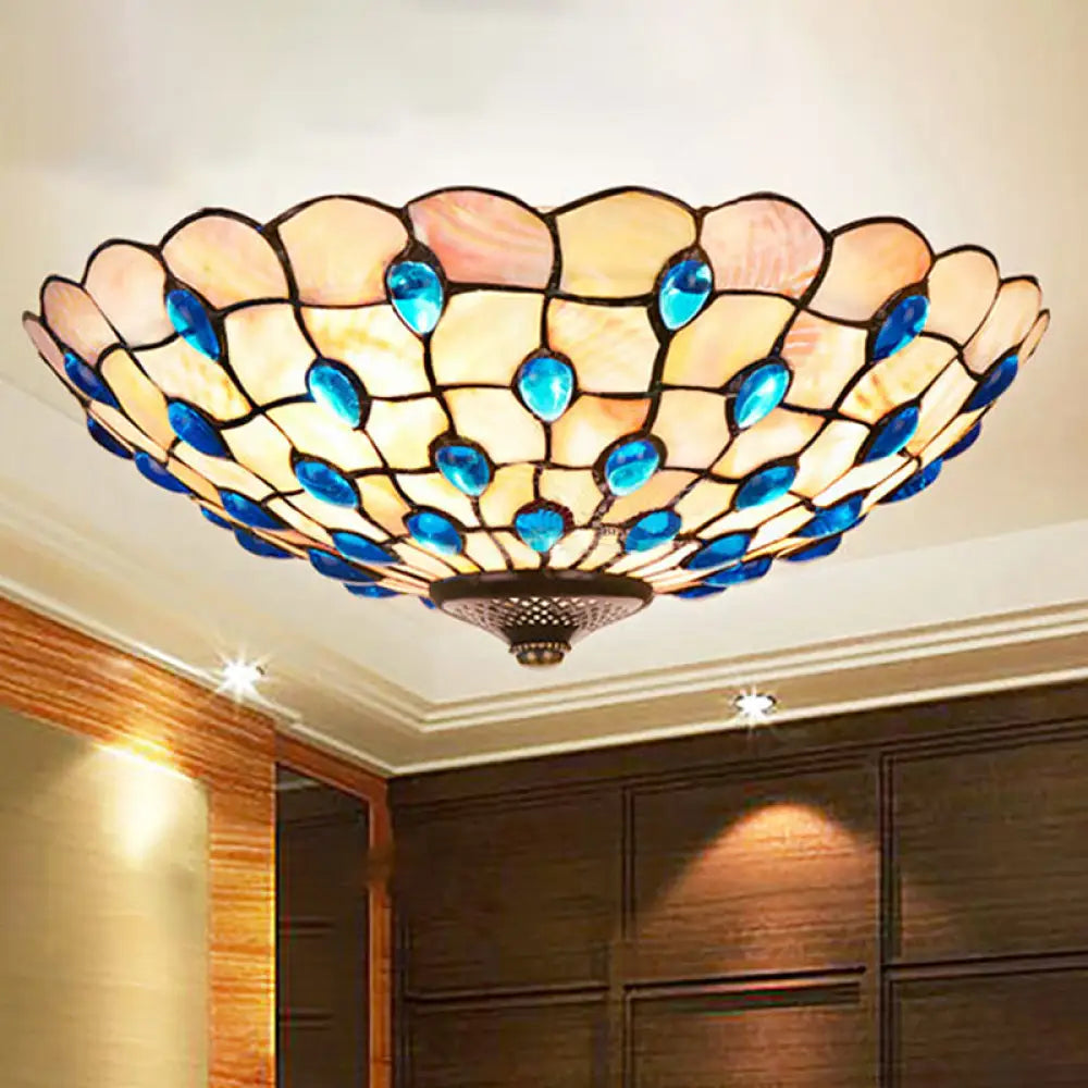 DecorBites™ DecorBites™ Tiffany Shell Blue Flush Ceiling Light, Jeweled Bowl, 3/4 Bulbs, 16"/21" Wide - Stylish Flushmount Lighting