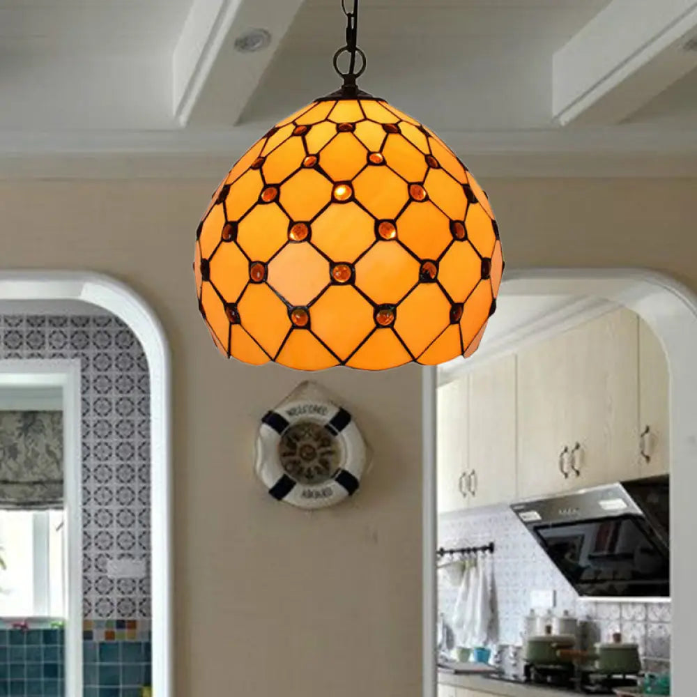 Tiffany Single Light Stained Glass Pendant Ceiling Lamp - Yellow with Jewel Accent for Porch