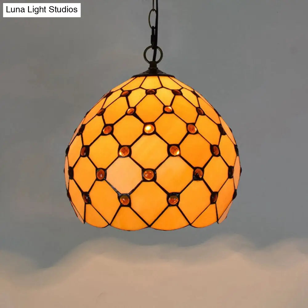 Tiffany Single Light Stained Glass Pendant Ceiling Lamp - Yellow with Jewel Accent for Porch