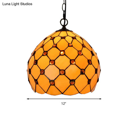 Tiffany Single Light Stained Glass Pendant Ceiling Lamp - Yellow with Jewel Accent for Porch