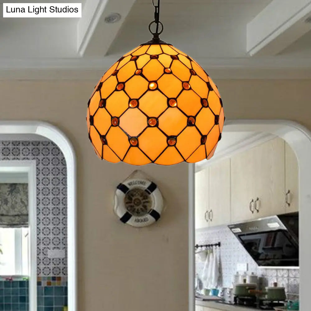 Tiffany Single Light Stained Glass Pendant Ceiling Lamp - Yellow with Jewel Accent for Porch