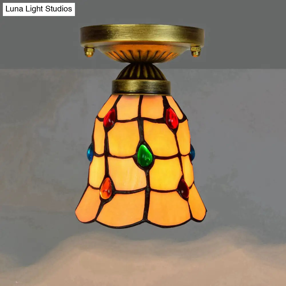 DecorBites™ DecorBites™ Tiffany Stained Art Glass Semi Flush Mount Ceiling Light - Single-Bulb Shaded Fixture