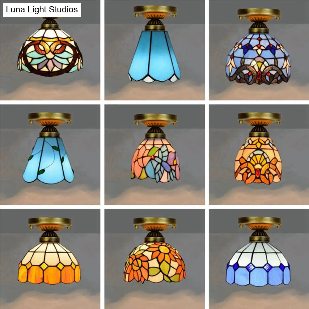 DecorBites™ DecorBites™ Tiffany Stained Art Glass Semi Flush Mount Ceiling Light - Single-Bulb Shaded Fixture