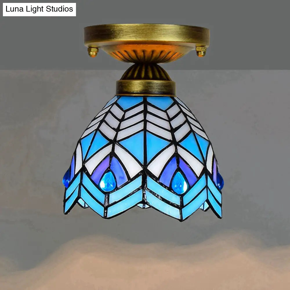 DecorBites™ DecorBites™ Tiffany Stained Art Glass Semi Flush Mount Ceiling Light - Single-Bulb Shaded Fixture
