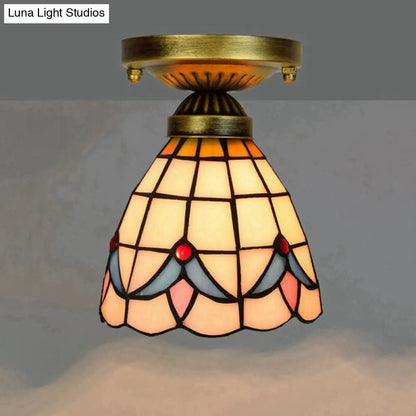 DecorBites™ DecorBites™ Tiffany Stained Art Glass Semi Flush Mount Ceiling Light - Single-Bulb Shaded Fixture