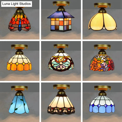 DecorBites™ DecorBites™ Tiffany Stained Art Glass Semi Flush Mount Ceiling Light - Single-Bulb Shaded Fixture