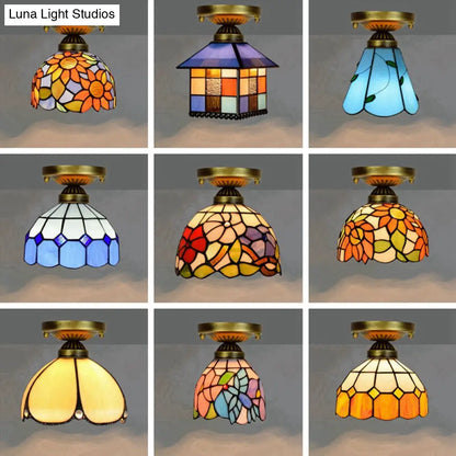 DecorBites™ DecorBites™ Tiffany Stained Art Glass Semi Flush Mount Ceiling Light - Single-Bulb Shaded Fixture