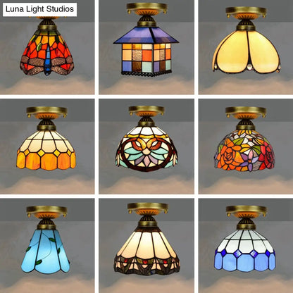 DecorBites™ DecorBites™ Tiffany Stained Art Glass Semi Flush Mount Ceiling Light - Single-Bulb Shaded Fixture