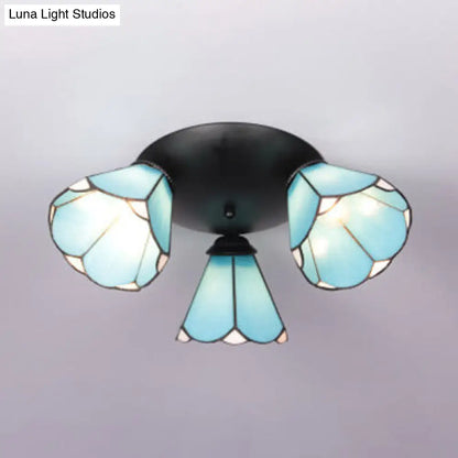 DecorBites™ DecorBites™ Tiffany Stained Glass 3-Light Conic Ceiling Fixture in White/Blue/Beige for Living Room