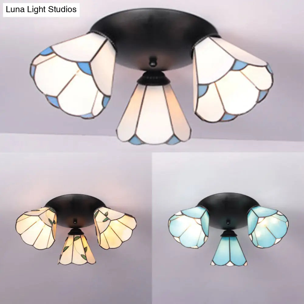 DecorBites™ DecorBites™ Tiffany Stained Glass 3-Light Conic Ceiling Fixture in White/Blue/Beige for Living Room