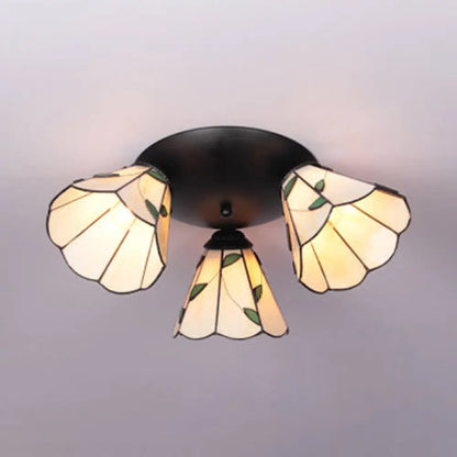 DecorBites™ DecorBites™ Tiffany Stained Glass 3-Light Conic Ceiling Fixture in White/Blue/Beige for Living Room