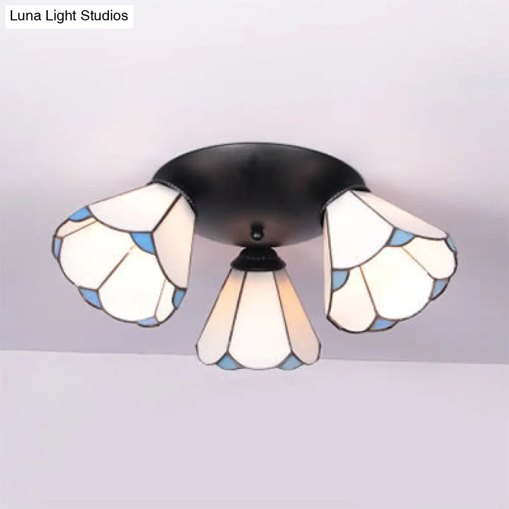 DecorBites™ DecorBites™ Tiffany Stained Glass 3-Light Conic Ceiling Fixture in White/Blue/Beige for Living Room