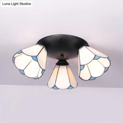 DecorBites™ DecorBites™ Tiffany Stained Glass 3-Light Conic Ceiling Fixture in White/Blue/Beige for Living Room