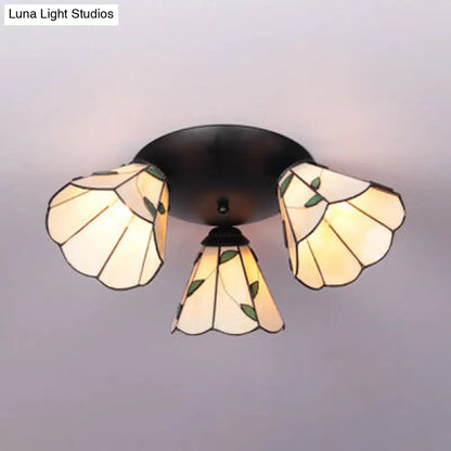 DecorBites™ DecorBites™ Tiffany Stained Glass 3-Light Conic Ceiling Fixture in White/Blue/Beige for Living Room