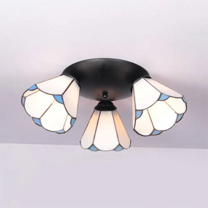 DecorBites™ DecorBites™ Tiffany Stained Glass 3-Light Conic Ceiling Fixture in White/Blue/Beige for Living Room